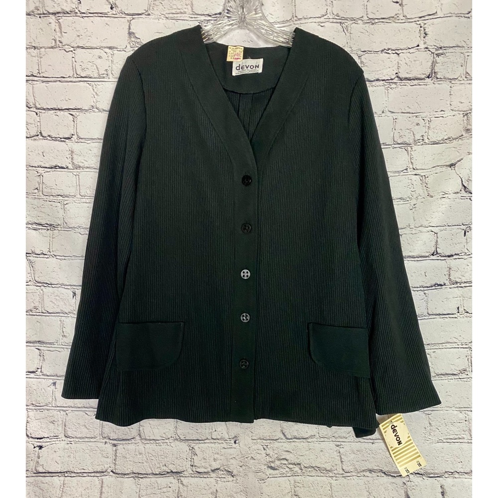 Vtg 70's NWT‎ Devon Womens Cardigan 15/16 Black Ribbed Long Sleeve Belted Retro